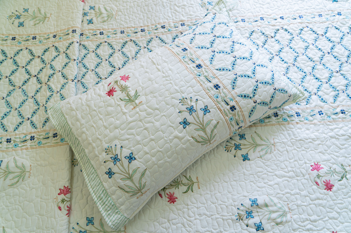 Quilted King Size Hand Block Printed Bedcover – 100% Mulmul Cotton