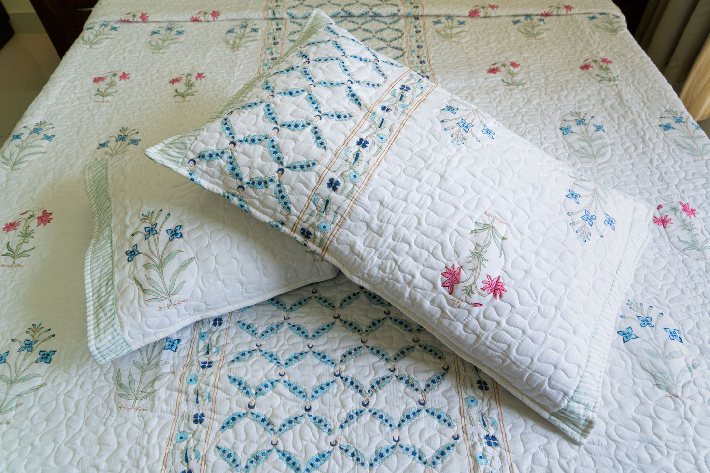 Quilted King Size Hand Block Printed Bedcover – 100% Mulmul Cotton