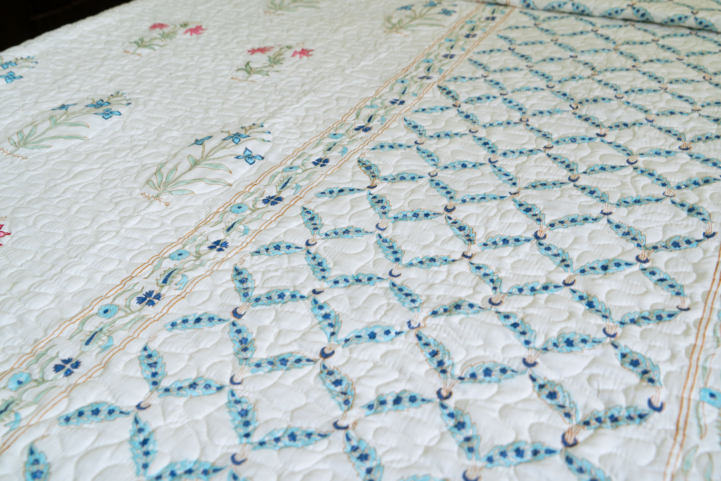 Quilted King Size Hand Block Printed Bedcover – 100% Mulmul Cotton