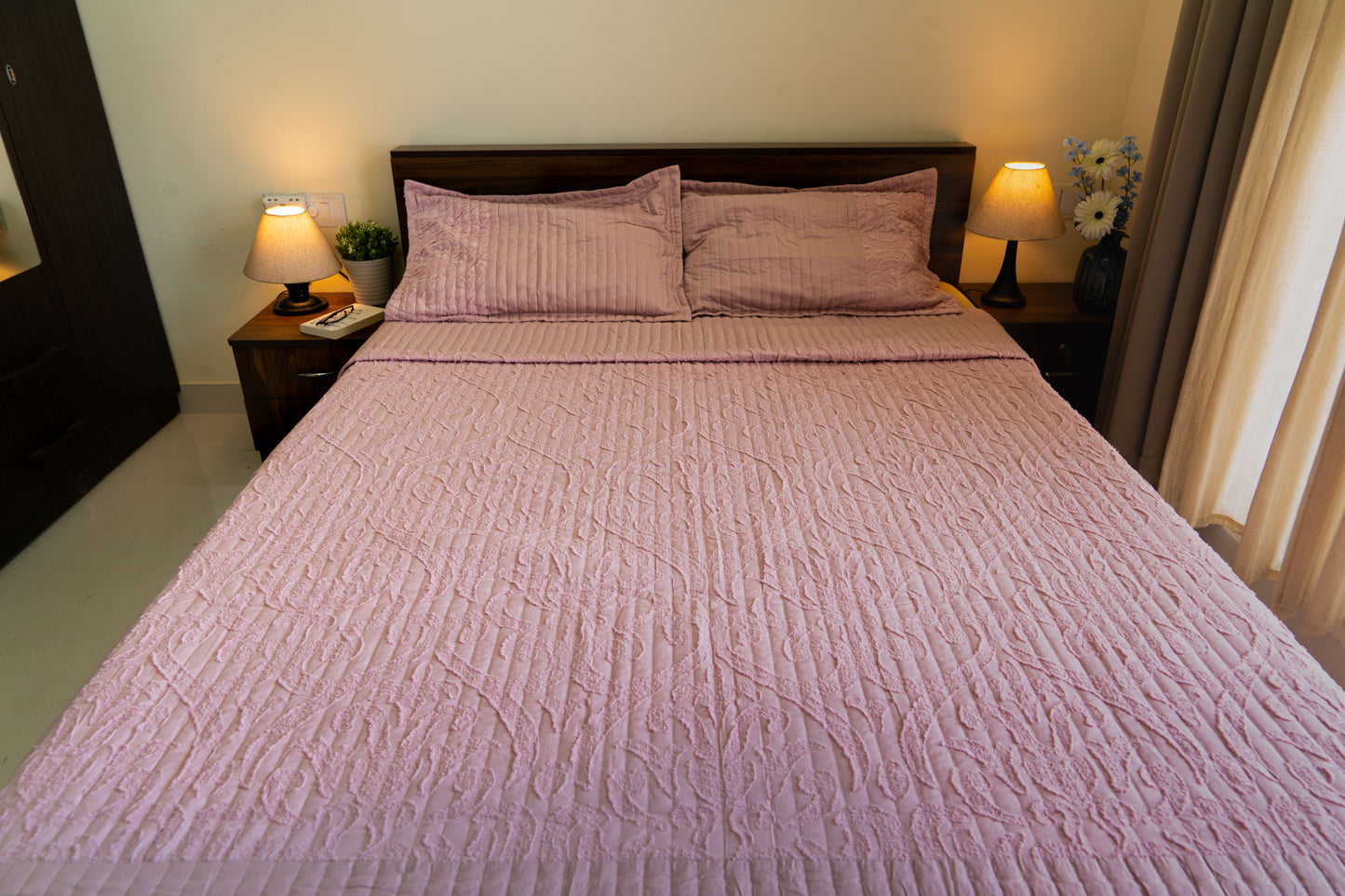King Size Quilted Bedcover – 100% Mulmul Cotton with Textured Tone-on-Tone Design - Pink