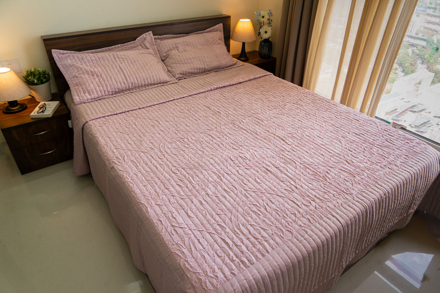 King Size Quilted Bedcover – 100% Mulmul Cotton with Textured Tone-on-Tone Design - Pink