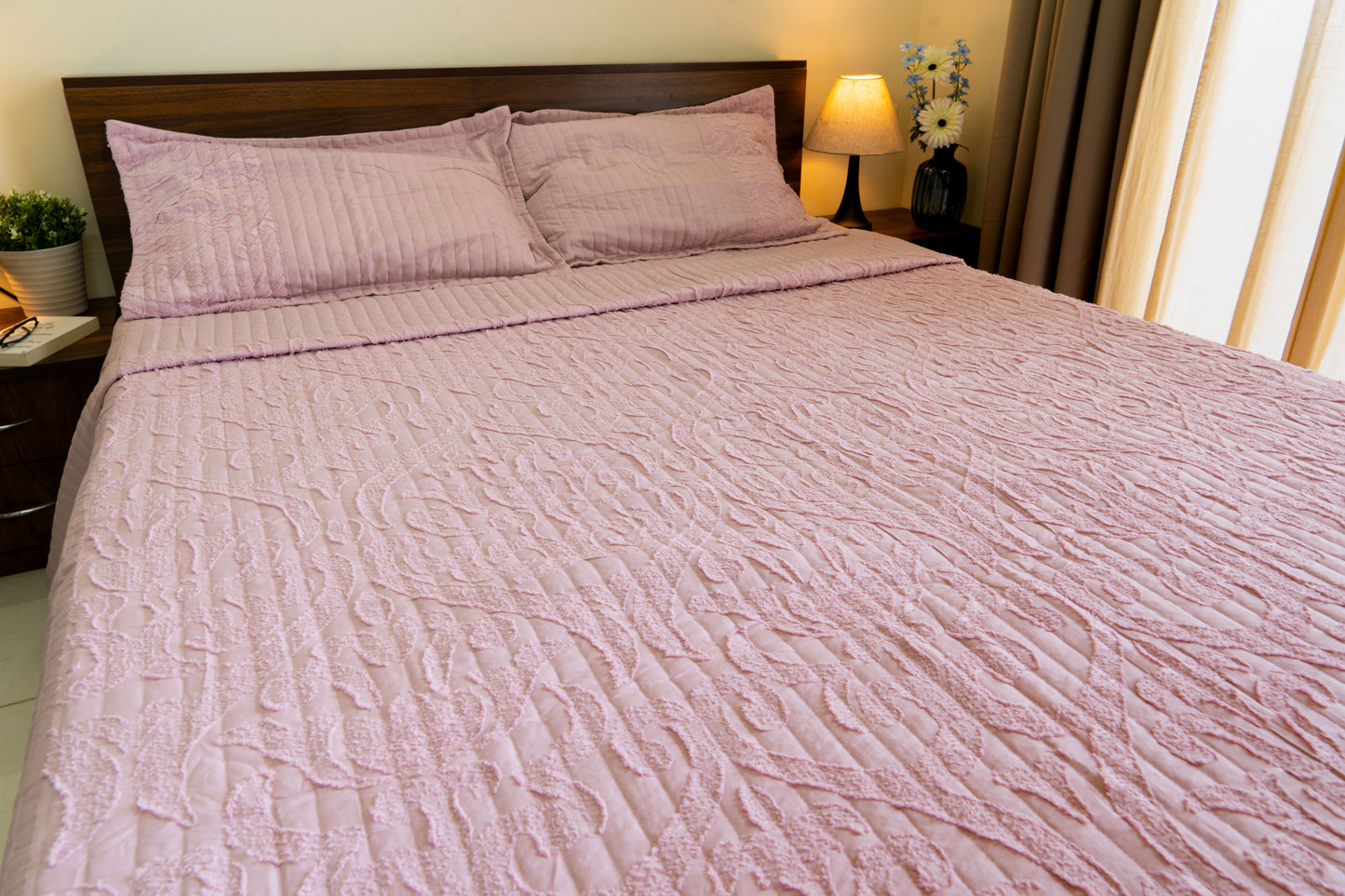King Size Quilted Bedcover – 100% Mulmul Cotton with Textured Tone-on-Tone Design - Pink