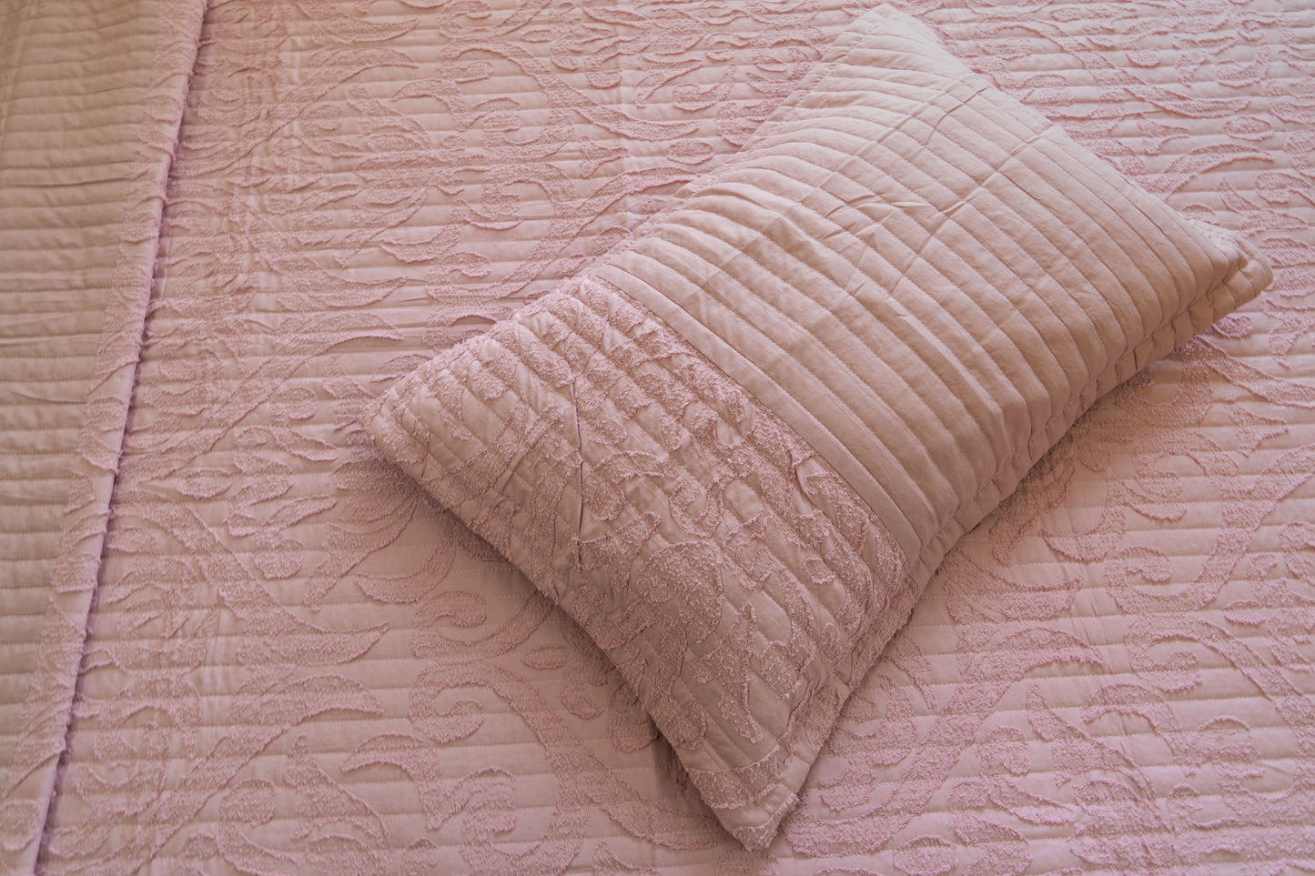 King Size Quilted Bedcover – 100% Mulmul Cotton with Textured Tone-on-Tone Design - Pink