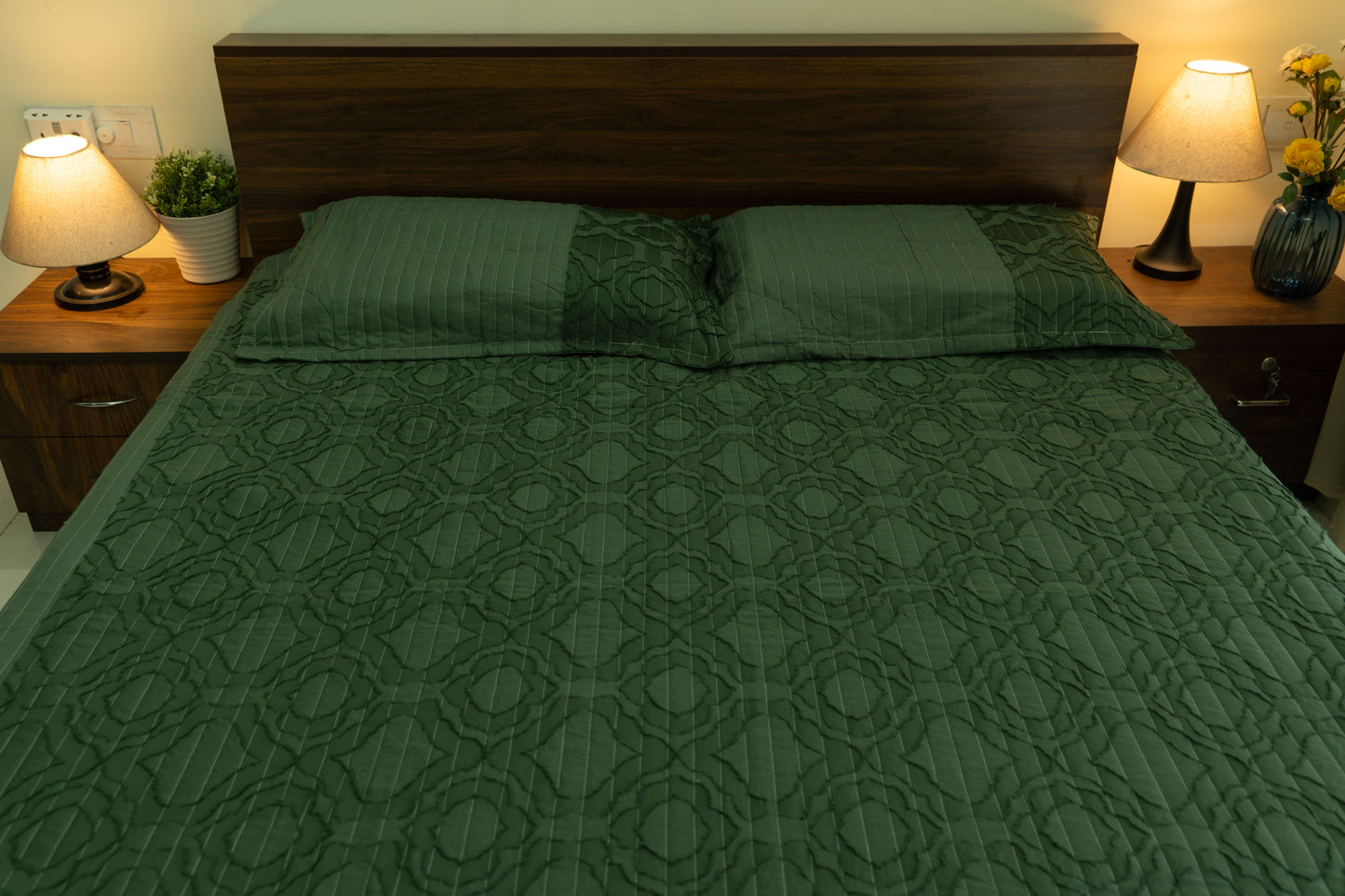King Size Quilted Bedcover – 100% Mulmul Cotton in Deep Olive with Subtle Geometric Block Pattern