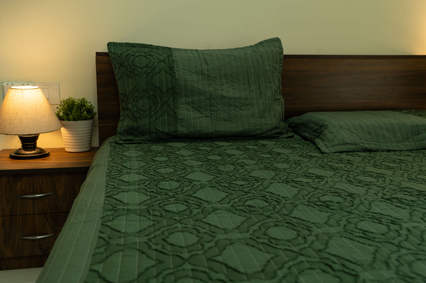 King Size Quilted Bedcover – 100% Mulmul Cotton in Deep Olive with Subtle Geometric Block Pattern