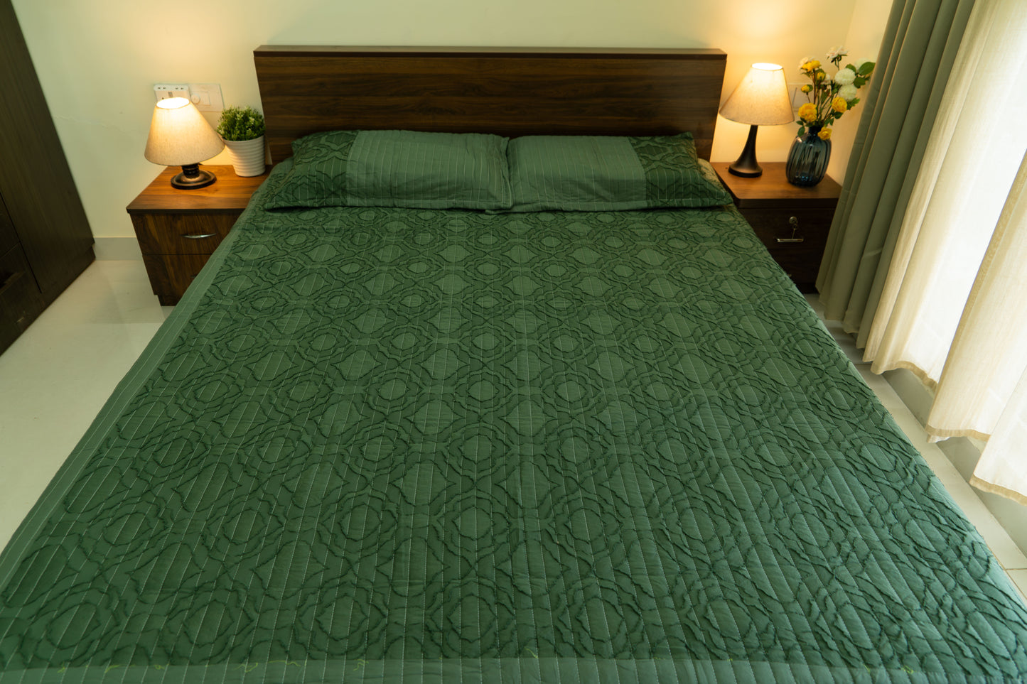 King Size Quilted Bedcover – 100% Mulmul Cotton in Deep Olive with Subtle Geometric Block Pattern