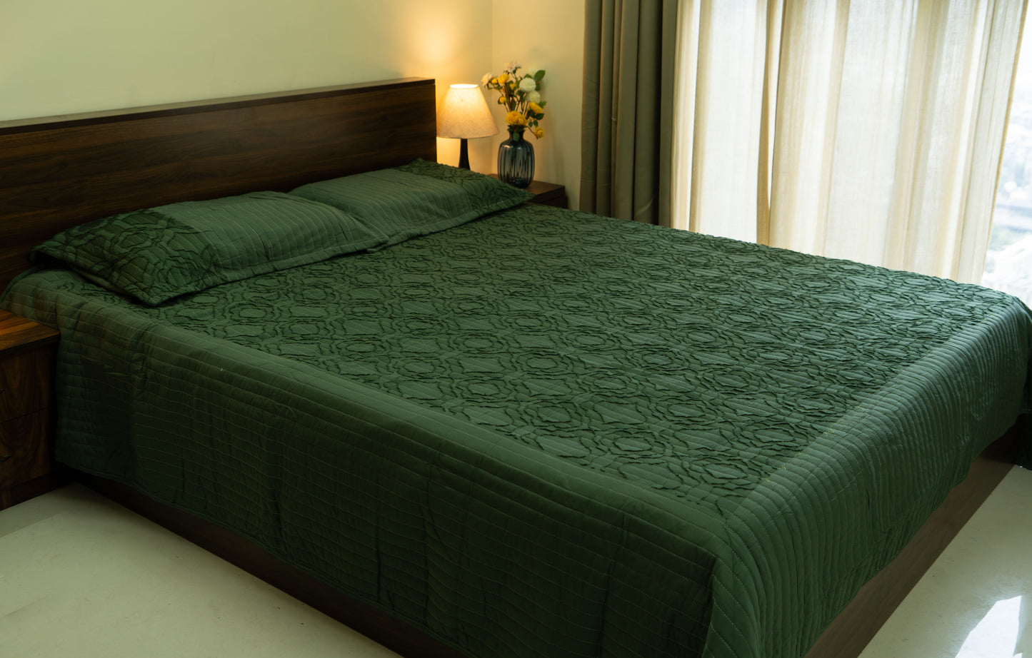 King Size Quilted Bedcover – 100% Mulmul Cotton in Deep Olive with Subtle Geometric Block Pattern