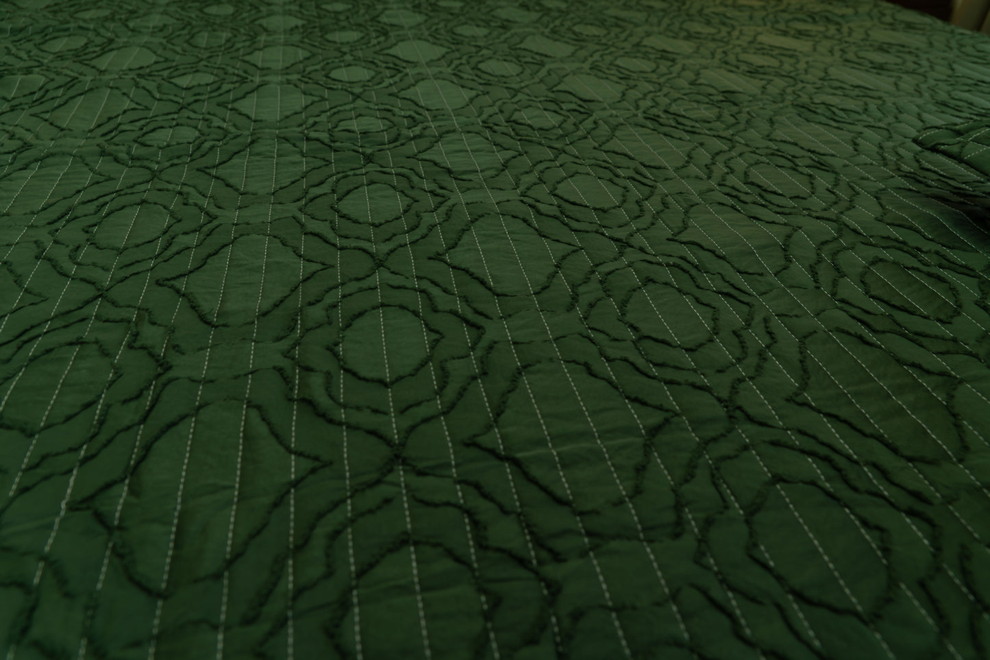 King Size Quilted Bedcover – 100% Mulmul Cotton in Deep Olive with Subtle Geometric Block Pattern