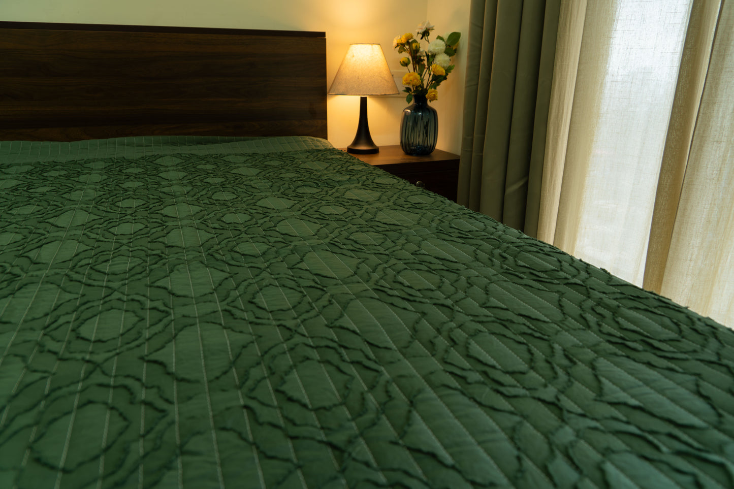 King Size Quilted Bedcover – 100% Mulmul Cotton in Deep Olive with Subtle Geometric Block Pattern