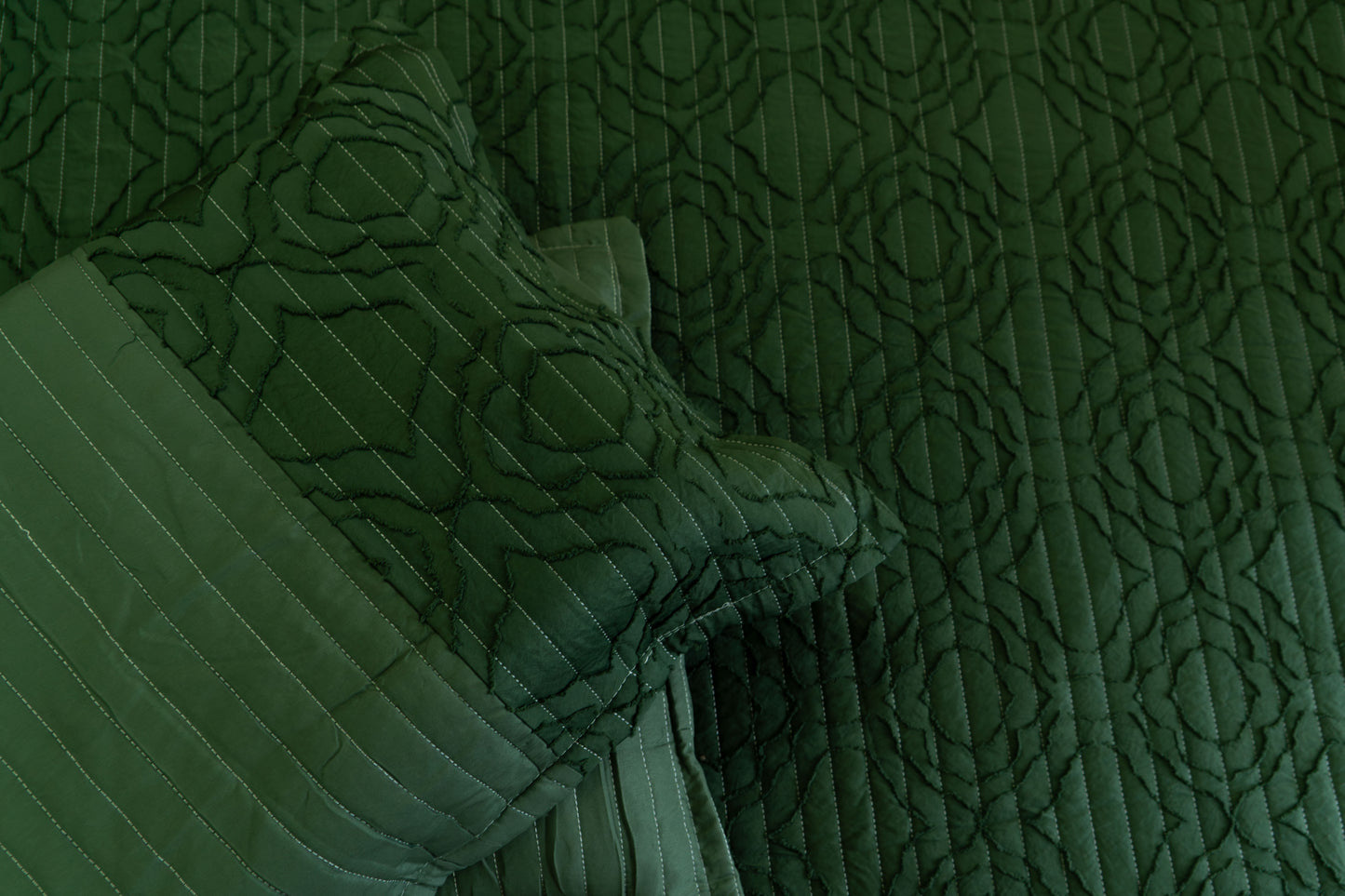 King Size Quilted Bedcover – 100% Mulmul Cotton in Deep Olive with Subtle Geometric Block Pattern