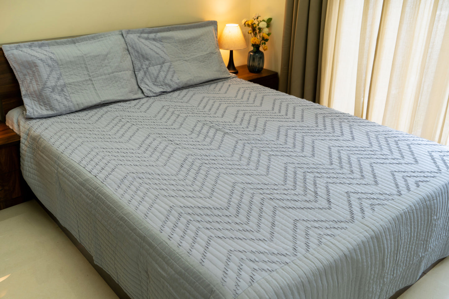 King Size Quilted Bedcover – 100% Mulmul Cotton with Textured Tone-on-Tone Design - Light Grey