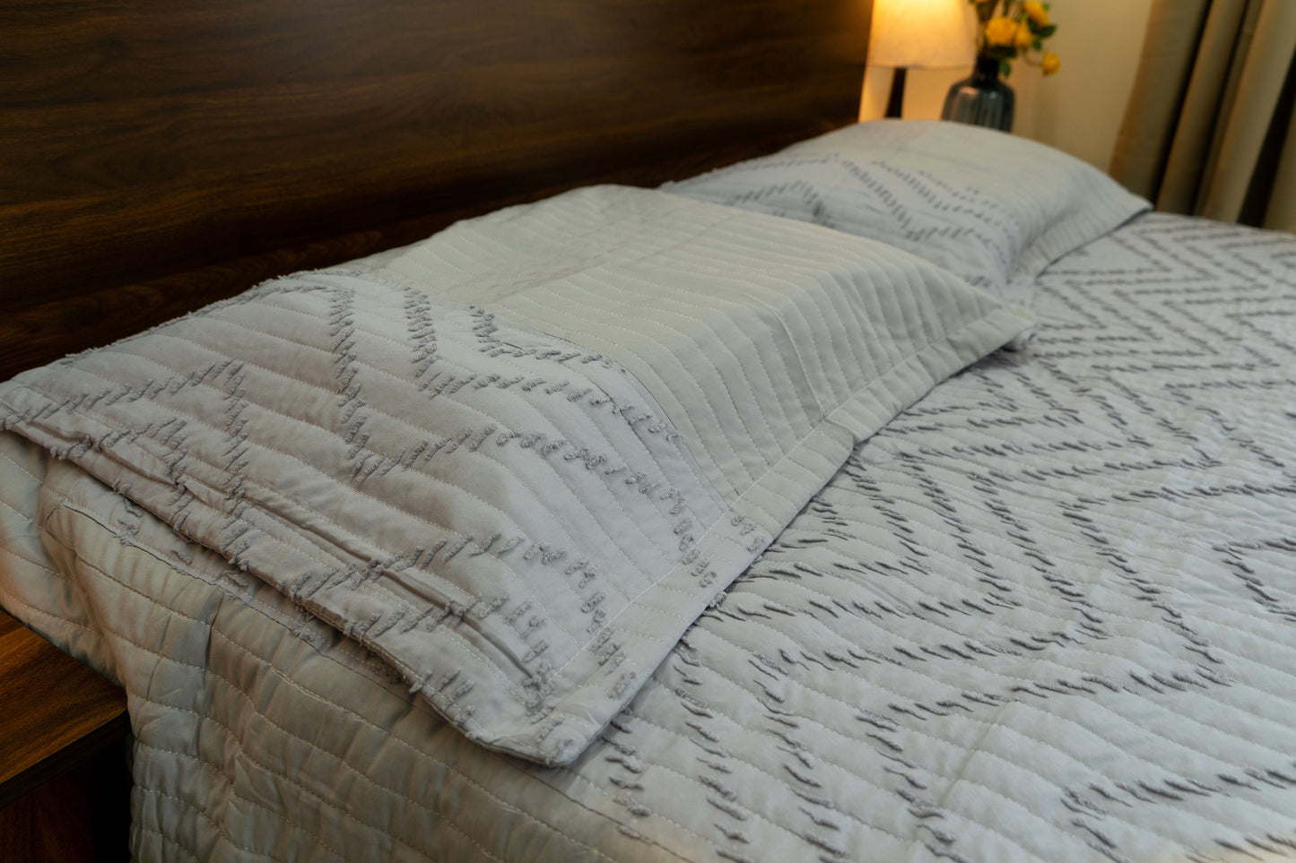 King Size Quilted Bedcover – 100% Mulmul Cotton with Textured Tone-on-Tone Design - Light Grey