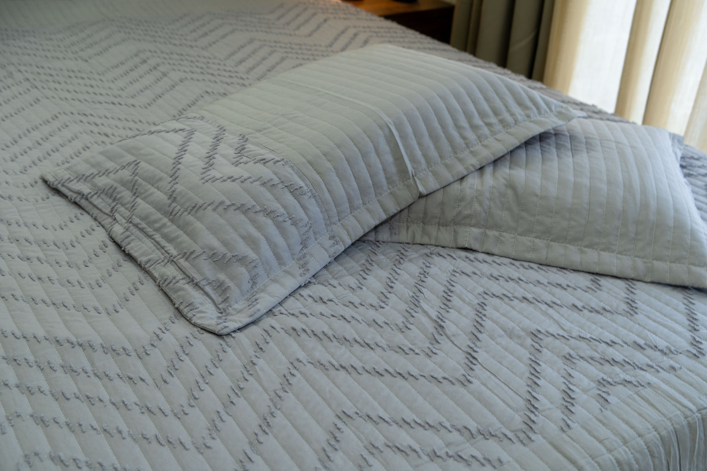 King Size Quilted Bedcover – 100% Mulmul Cotton with Textured Tone-on-Tone Design - Light Grey
