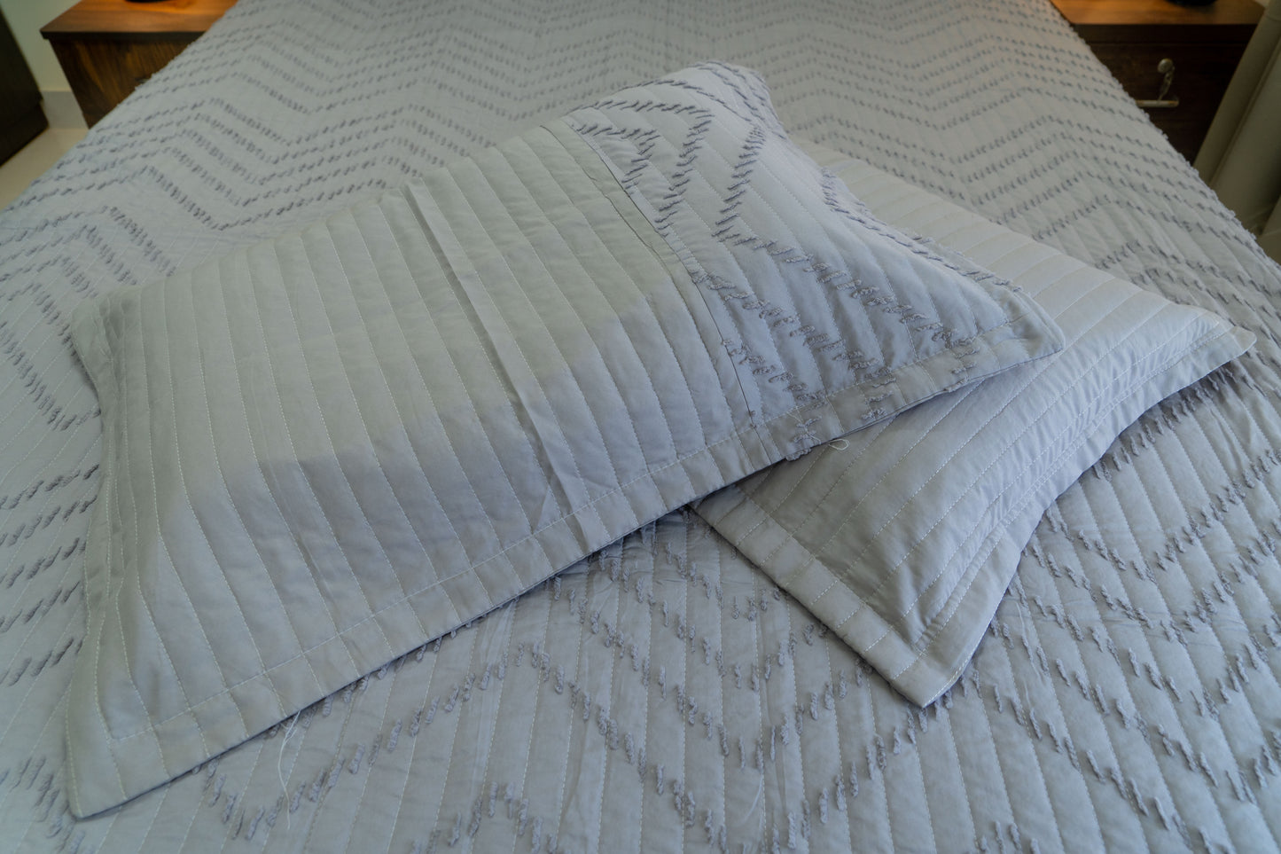King Size Quilted Bedcover – 100% Mulmul Cotton with Textured Tone-on-Tone Design - Light Grey