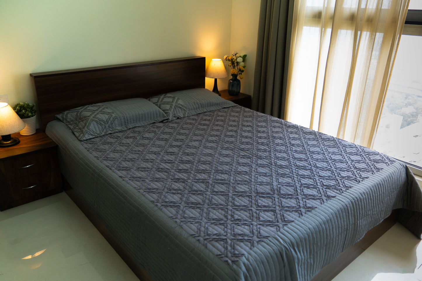 King Size Quilted Bedcover – 100% Mulmul Cotton in Grey with Geometric Texture