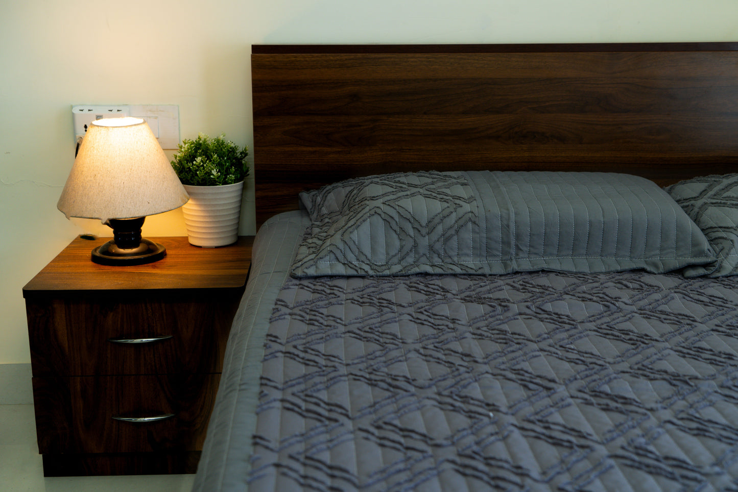 King Size Quilted Bedcover – 100% Mulmul Cotton in Grey with Geometric Texture