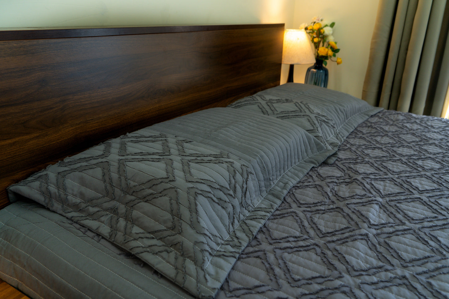 King Size Quilted Bedcover – 100% Mulmul Cotton in Grey with Geometric Texture