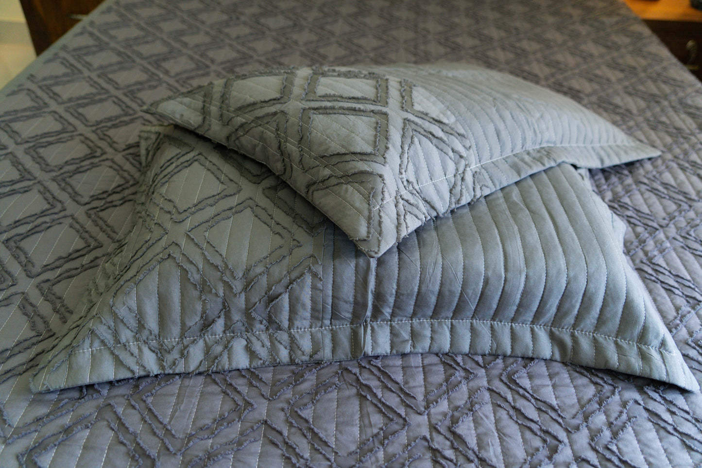 King Size Quilted Bedcover – 100% Mulmul Cotton in Grey with Geometric Texture