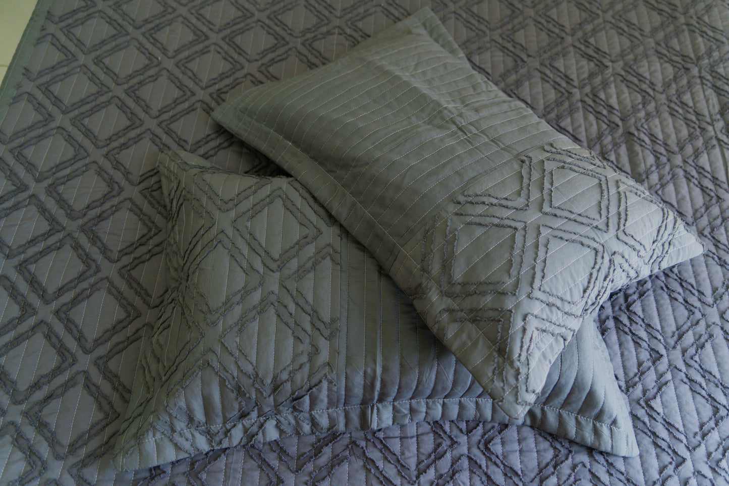 King Size Quilted Bedcover – 100% Mulmul Cotton in Grey with Geometric Texture