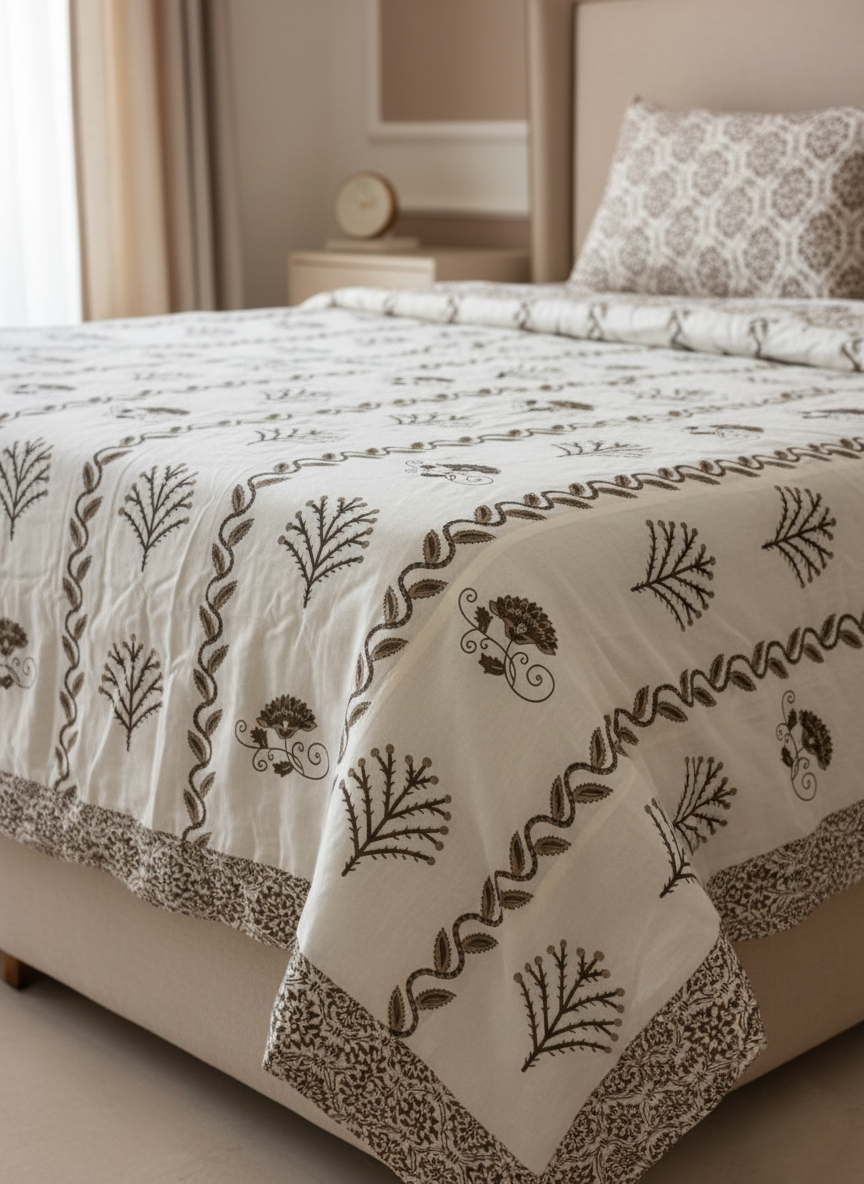 Dark Olive Foliage | Double Mulmul Cotton Dohar | Jaipuri Heritage