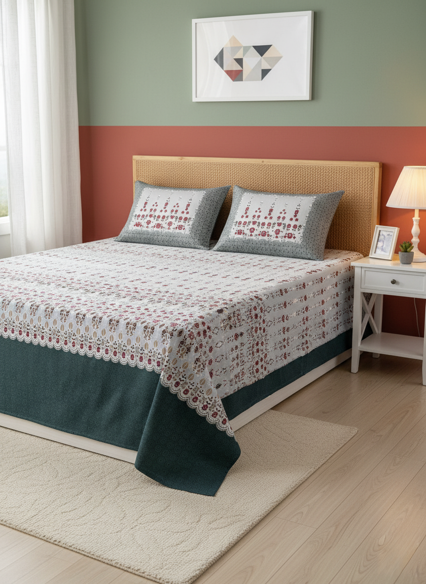 Teal & Grey Floral 240 TC Pure Cotton King Size Bedsheet