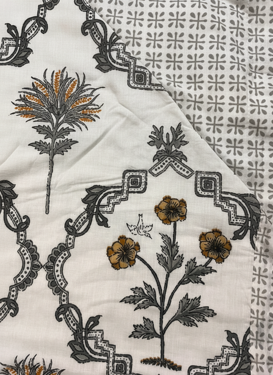 Mustard & Grey Block Print Single Bed Mulmul Dohar Comforter Set of 2