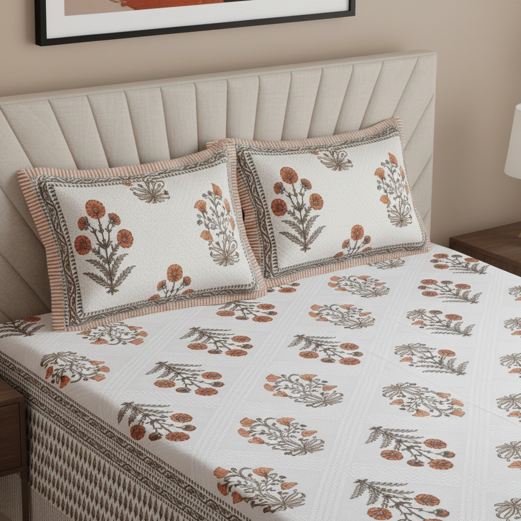 Floral Motif Orange & Taupe 200 TC 100% Pure Cotton King Size Bedsheet with 2 Pillow Covers