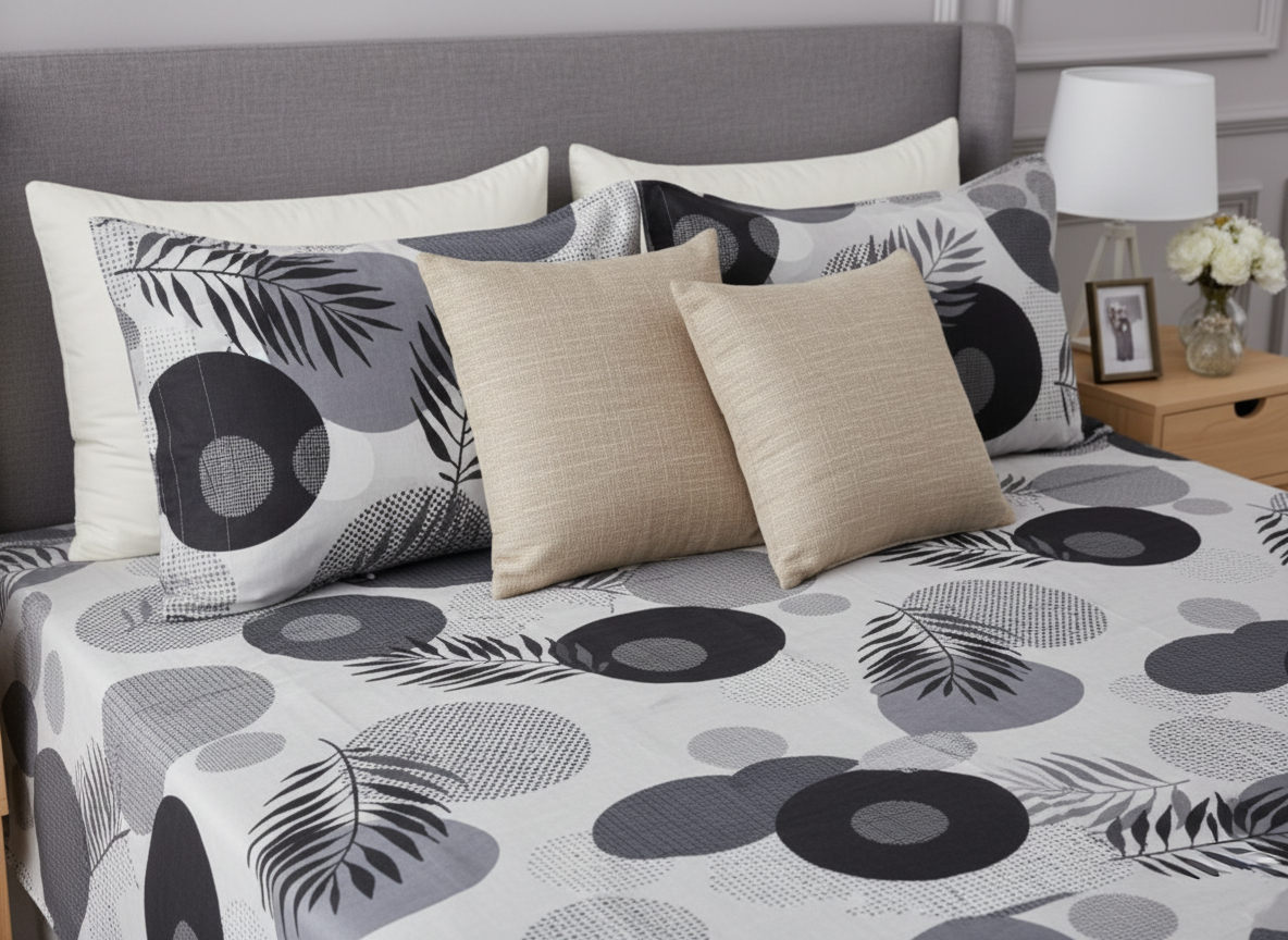 Grey Leaf & Circle 200 TC Queen Size Double Bedsheet Set