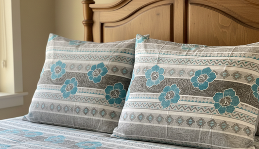 Serene Blue & Stone Gray Floral 240 TC Pure Cotton King Size Bedsheet