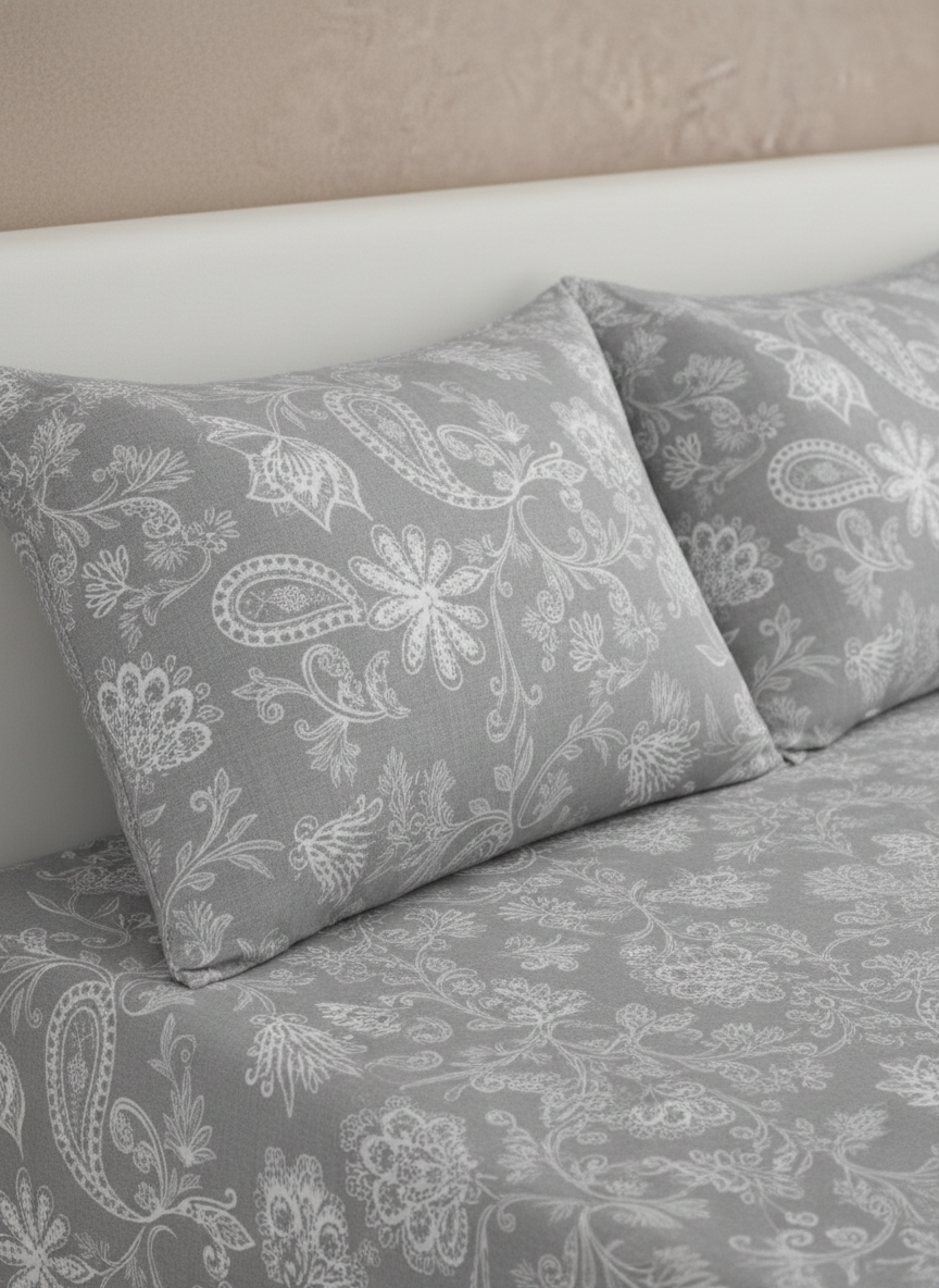 Grey Floral 350 TC Pure Cotton King Size Bedsheet with 2 Pillow Covers