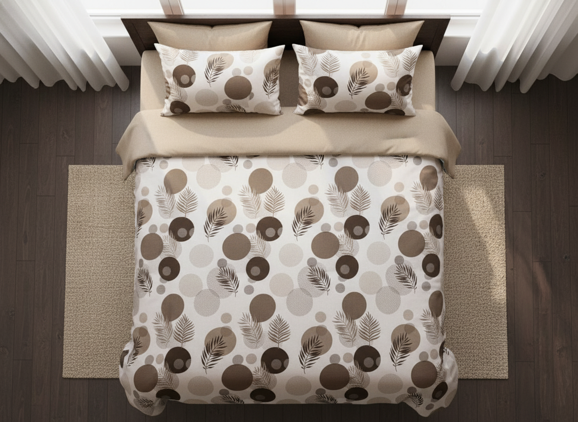 Brown Circles and Leaves 200 TC Pure Cotton Double Queen Size Bedsheet