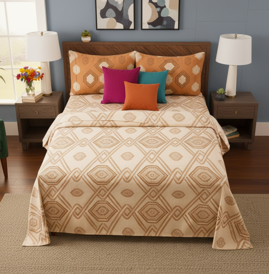 Peach Geometric 200 TC Pure Cotton Queen Size Double Bedsheet