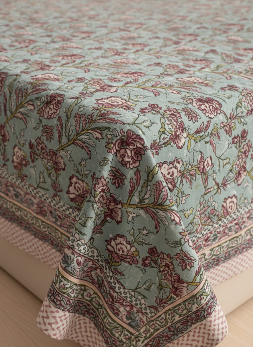 Teal & Pink Floral 200 TC Pure Cotton King Size Fitted Bedsheet