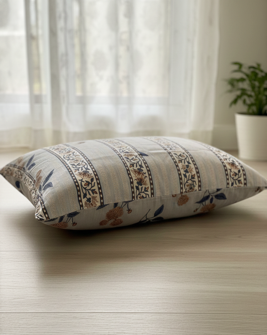 Blue and Beige Checked Floral 240 TC Pure Cotton King Size Bedsheet