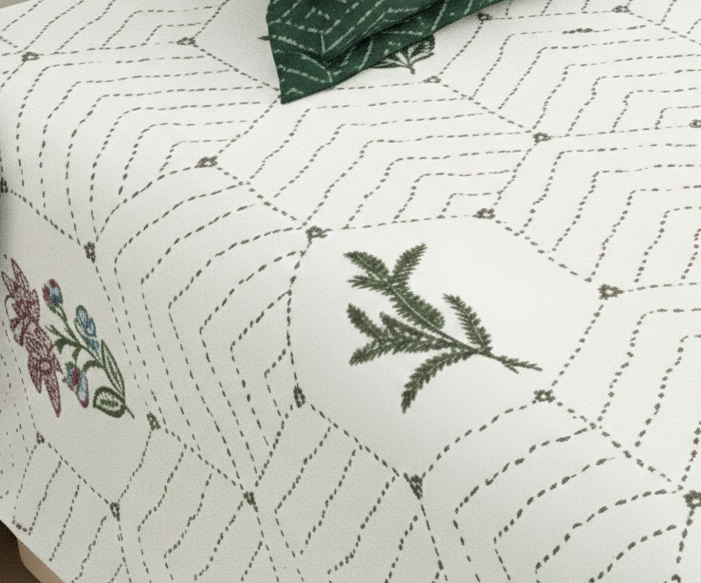 Geometric Print Forest Green & White 250 TC Pure Cotton King Size Bedsheet with 2 Pillow Covers