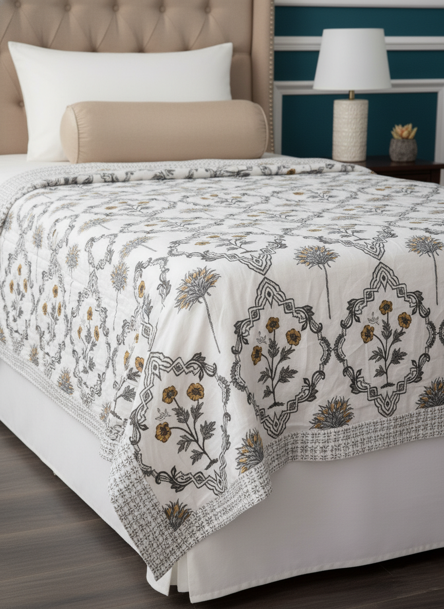 Mustard & Grey Block Print Single Bed Mulmul Dohar Comforter Set of 2