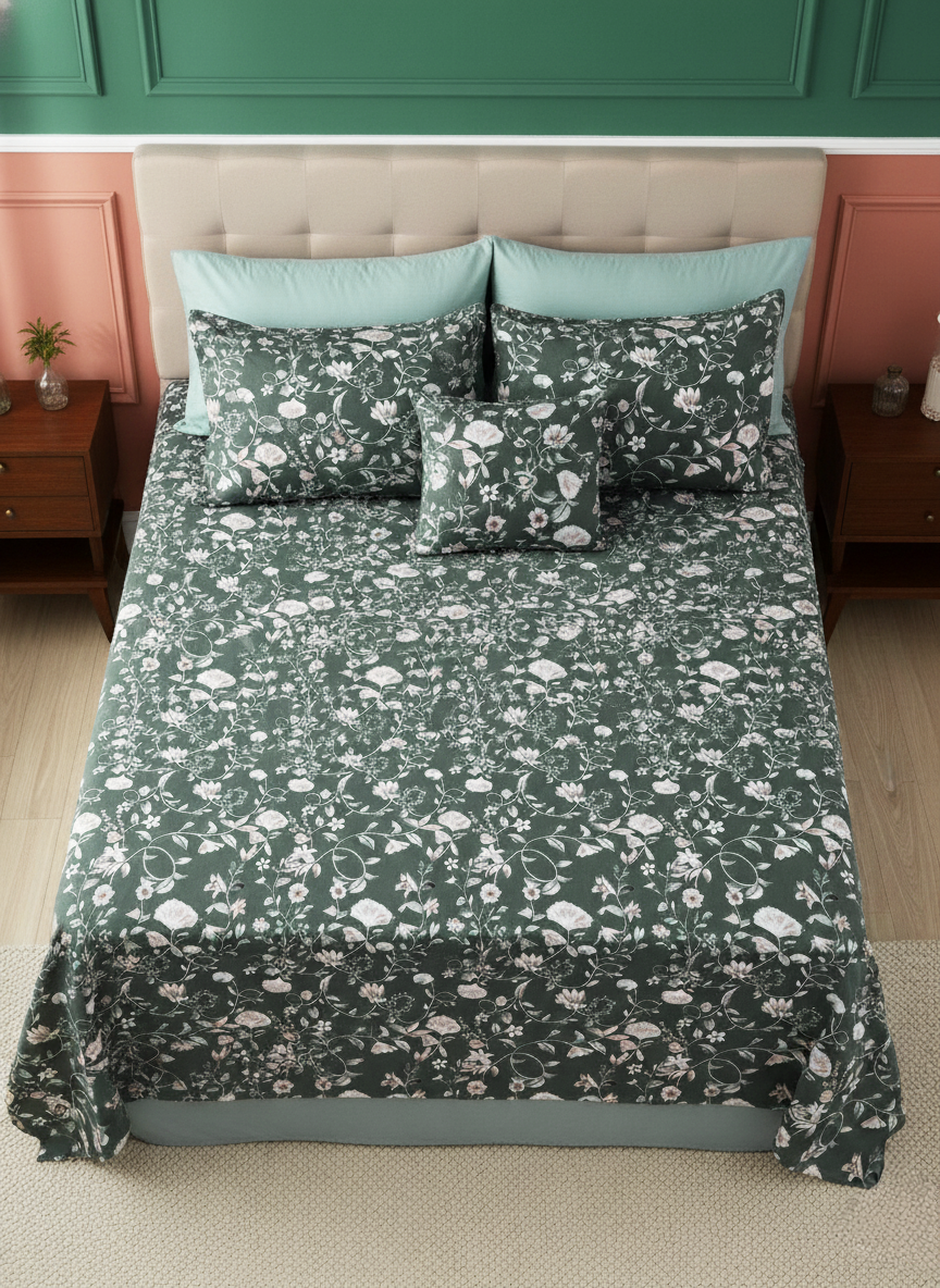 The Emerald Bloom 240 TC King Size Cotton Bedsheet