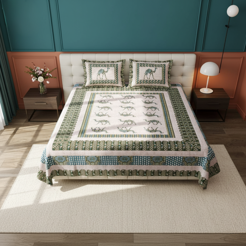 Desert Camel Heritage Print Fitted King Size Bedsheet