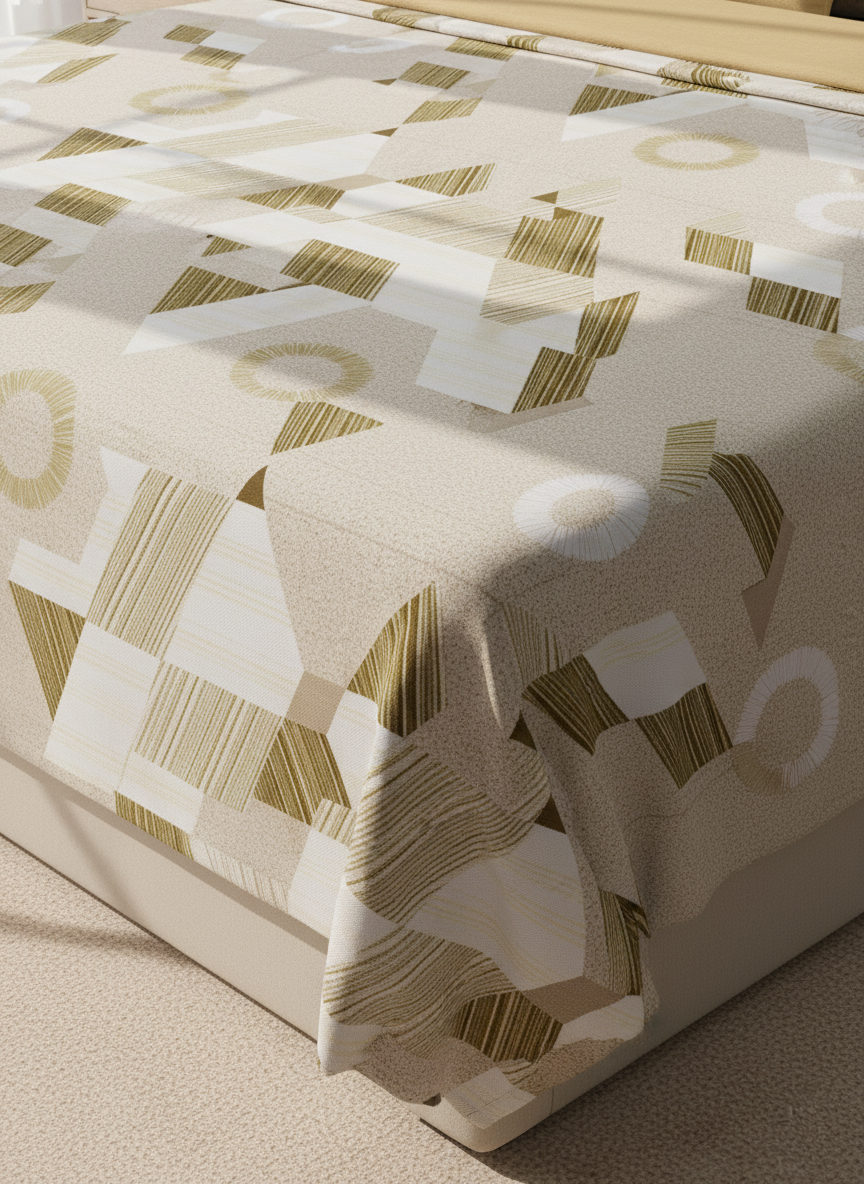 Green & Beige Geometric 200 TC Pure Cotton Queen Size Double Bedsheet