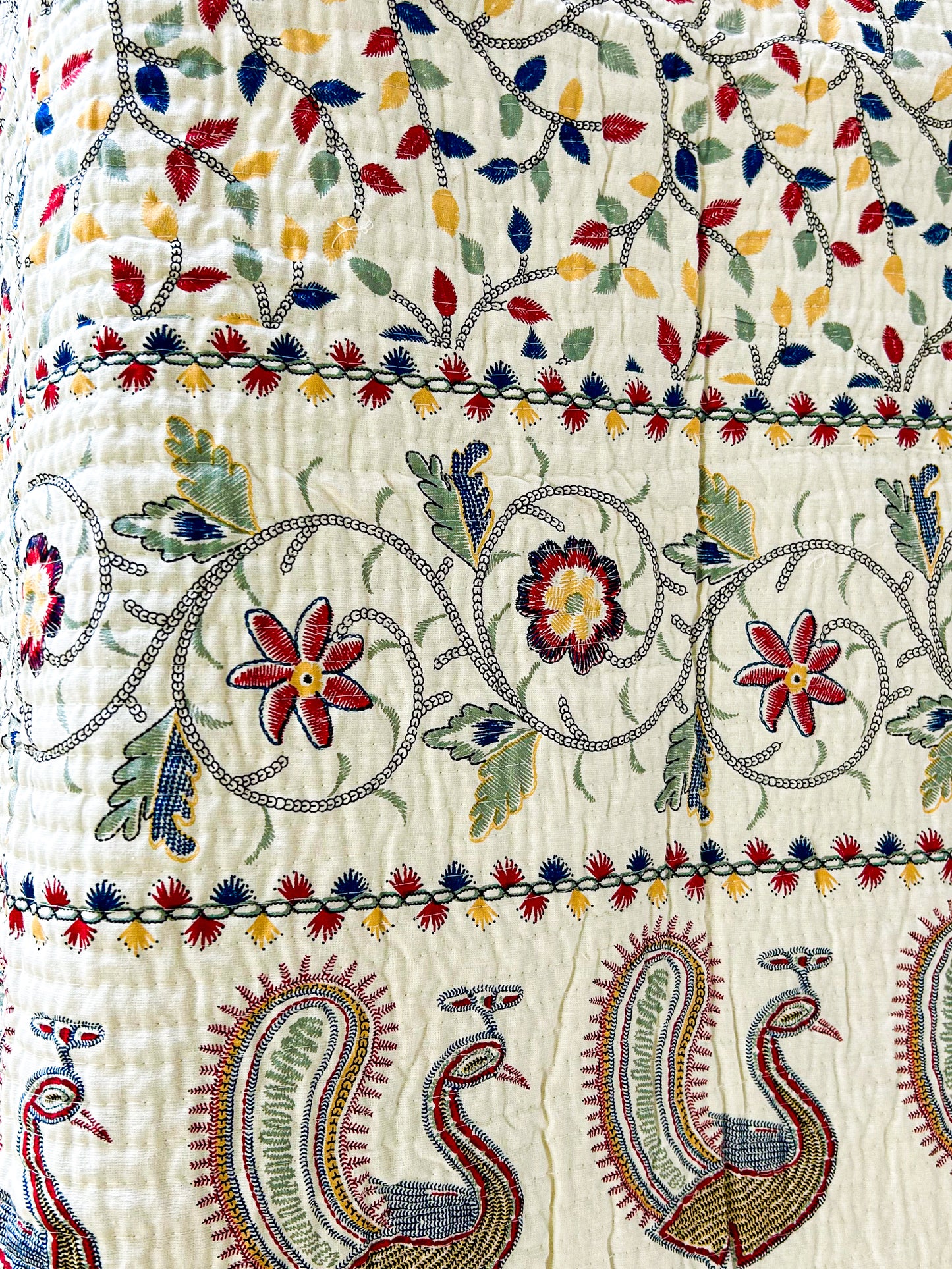 Reversible Quilted King Size Bedcover – 100% Cotton with Hand-Printed Floral & Peacock Motifs