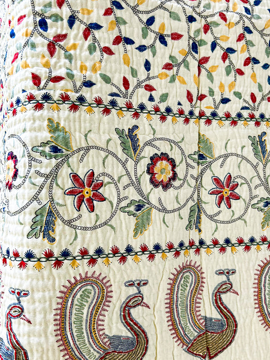 Floral & Peacock Motifs Quilted King Size Bedcover – 100% Cotton
