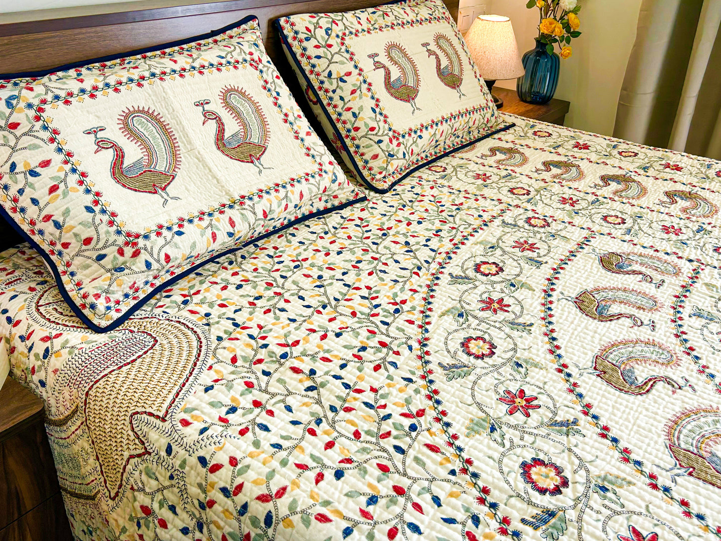 Reversible Quilted King Size Bedcover – 100% Cotton with Hand-Printed Floral & Peacock Motifs