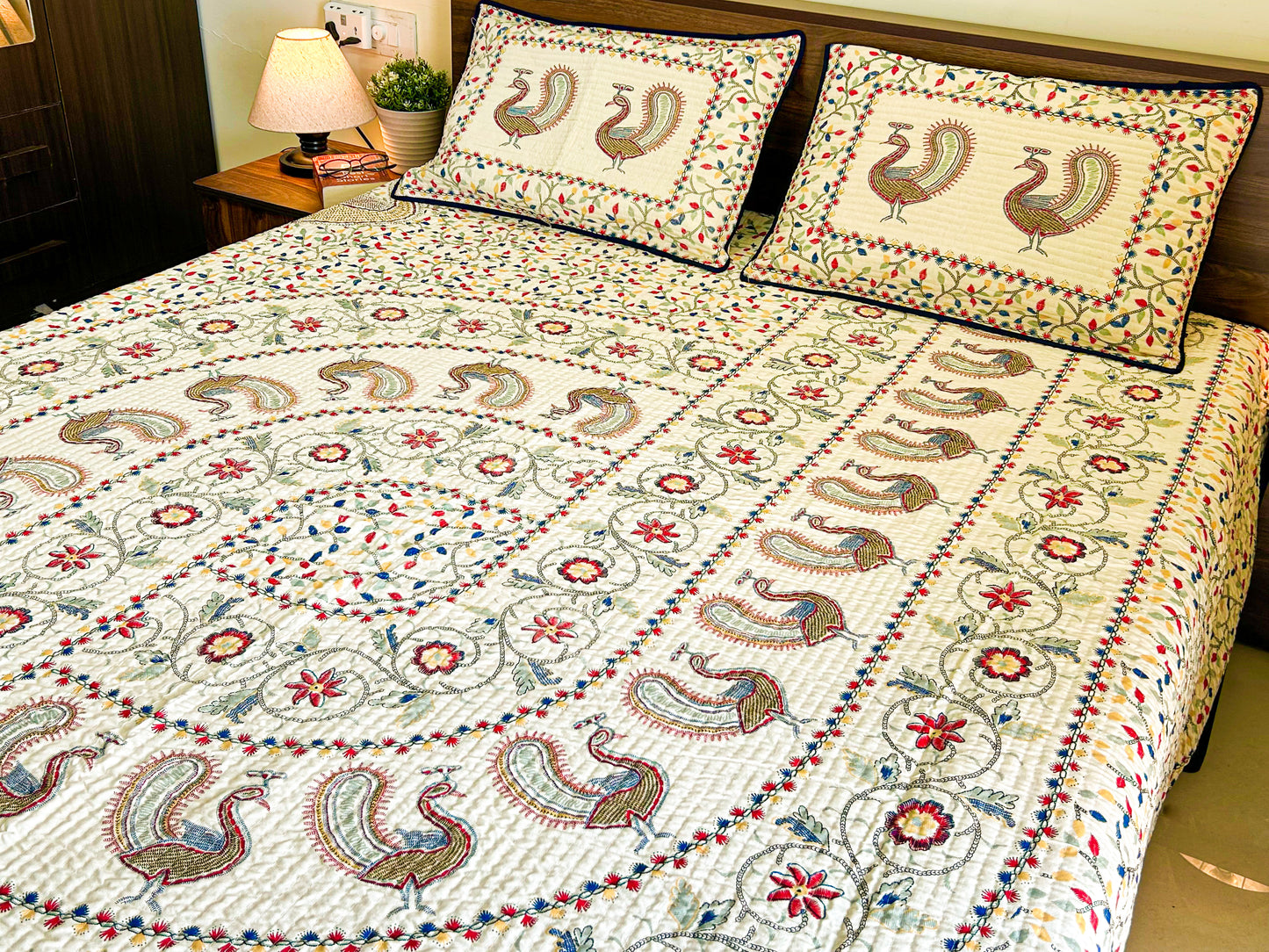 Reversible Quilted King Size Bedcover – 100% Cotton with Hand-Printed Floral & Peacock Motifs