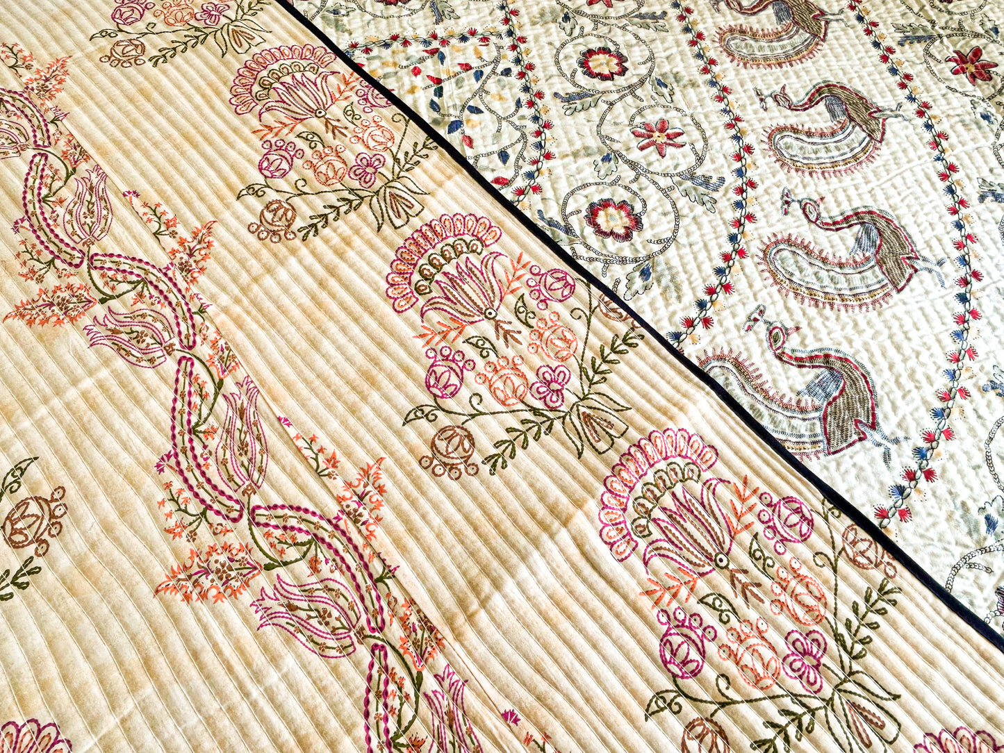 Reversible Quilted King Size Bedcover – 100% Cotton with Hand-Printed Floral & Peacock Motifs