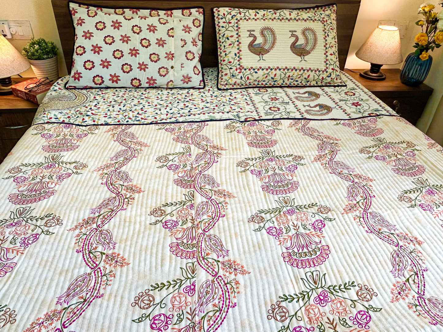 Reversible Quilted King Size Bedcover – 100% Cotton with Hand-Printed Floral & Peacock Motifs