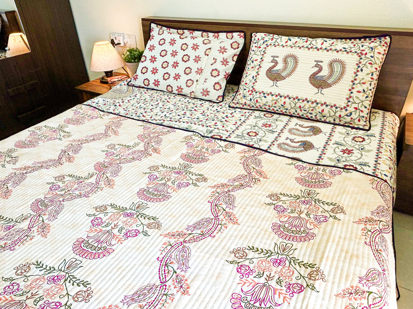 Reversible Quilted King Size Bedcover – 100% Cotton with Hand-Printed Floral & Peacock Motifs