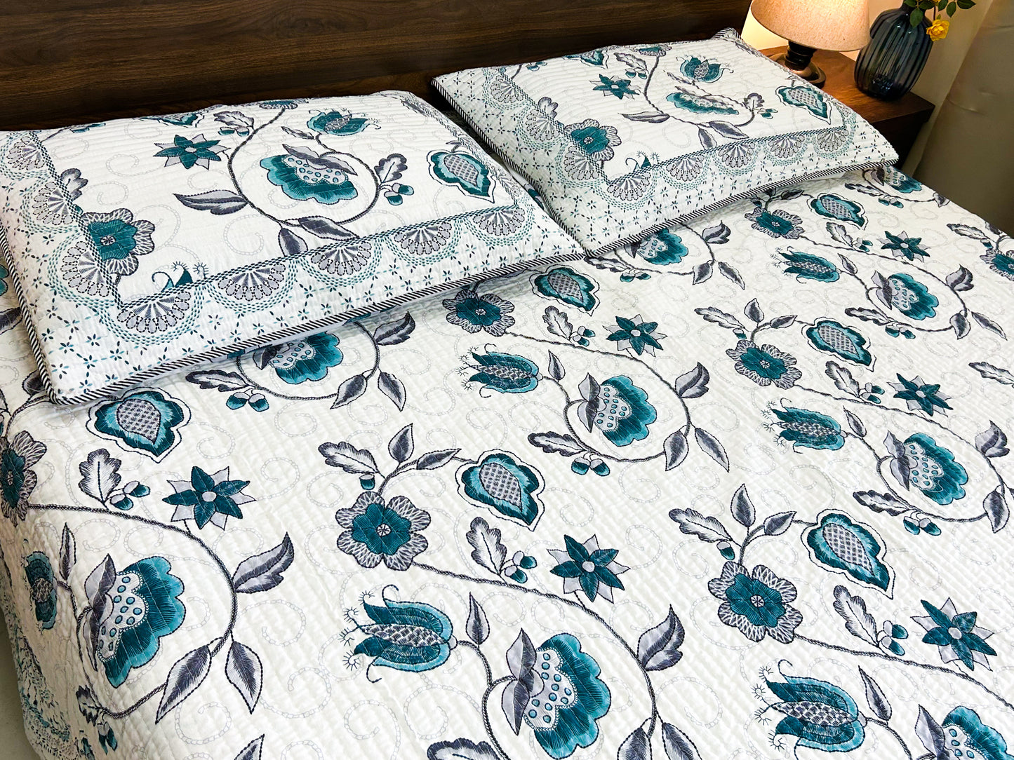 Reversible Quilted Cotton Bedcover – King Size | Teal & Grey Floral + Multicolor Print