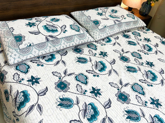 Floral Vines Quilted King Size Bedcover - 100% Cotton -