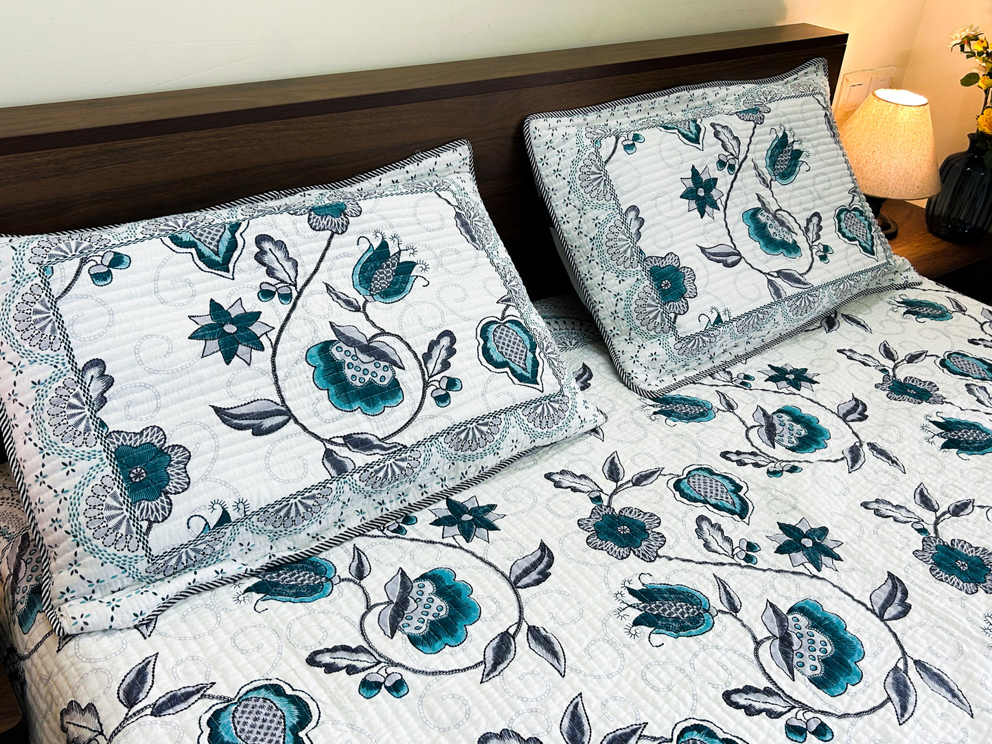 Reversible Quilted Cotton Bedcover – King Size | Teal & Grey Floral + Multicolor Print
