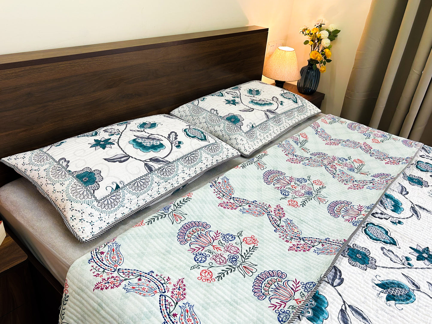 Reversible Quilted Cotton Bedcover – King Size | Teal & Grey Floral + Multicolor Print